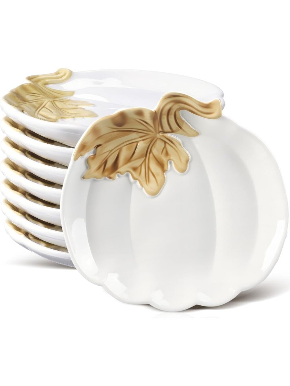 Set of 8 Ceramic Pumpkin Plates - Fall Appetizer Dishes, White Harvest Decor